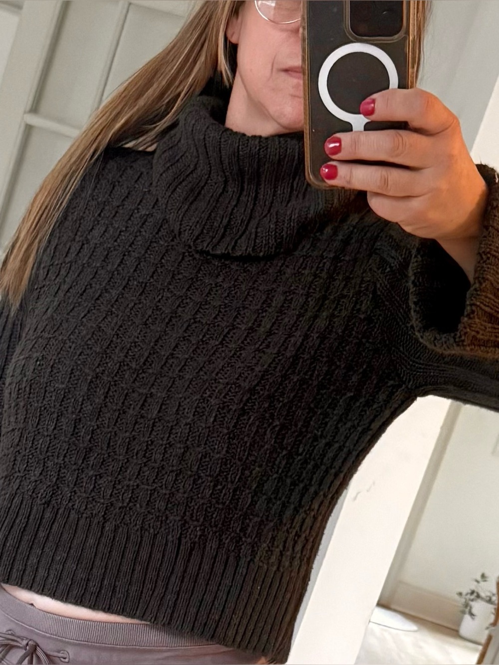 Free People Cable Knit Crop Turtleneck Sweater Long Dark Green Medium.
